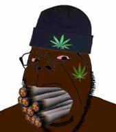 angry beanie black_skin bloodshot_eyes blunt clothes glasses hat merge soyjak stubble variant:cobson variant:gapejak weed // 721x820 // 14.8KB