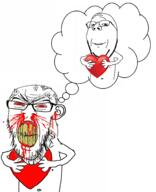 2soyjaks angry arm blood bloodshot_eyes clenched_teeth cracked_teeth ear glasses grin hand heart holding_heart holding_object nipple nosebleed red_eyes smile stubble subvariant:feralrage subvariant:wholesome_soyjak thinking thought_bubble variant:feraljak variant:gapejak vein wholesome yellow_teeth // 1520x1868 // 896.9KB