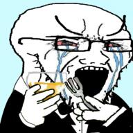 arm beer bloodshot_eyes bowtie crying cup fork glasses hand holding_object large_eyebrows open_mouth soyjak stubble ting_ting tuxedo variant:soyak // 768x768 // 427.3KB