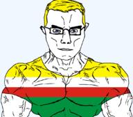 arm blue_eyes buff closed_mouth clothes country flag flag:lubusz glasses hair lubusz poland soyjak subvariant:chudjak_front subvariant:muscular_chud transparent transparent_background tshirt variant:chudjak vein voivodeship yellow_hair // 1059x929 // 36.3KB