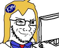 badge closed_mouth clothes computer female glasses hair jacket knowyourmeme monitor mouse necktie ornament smile smirk smug soyjak stubble subvariant:soyak_(smug) variant:soyak yellow_hair // 790x639 // 23.9KB