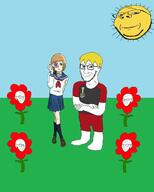 anime camera closed_eyes closed_mouth clothes female flower glasses mob_psycho_100 nate outside plant smile stubble subvariant:wholesome_soyjak sun that_one_fucking_picture_of_nate_being_a_smug_little_bastard uniform variant:gapejak variant:soyak white_skin yellow_hair // 1080x1350 // 91.2KB