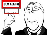 alarm arm clothes gem glasses hand holding_object necktie smile soyjak stubble subvariant:wholesome_soyjak suit text variant:gapejak wink // 1070x800 // 21.2KB