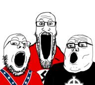 3soyjaks celtic_cross clothes confederate flag flag:confederate_states_of_america flag:nazi_germany glasses nazism open_mouth politics racism soyjak soyjak_trio star_(symbol) stretched_mouth stubble swastika variant:gapejak variant:markiplier_soyjak variant:tony_soprano_soyjak white_supremacist // 957x861 // 188.3KB