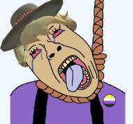 badge bloodshot_eyes blue_tongue clothes crying flag:non-binary_pride_flag hair hanging hat open_mouth purple_shirt roblox rope shark_ears variant:bernd yellow_teeth yeucc // 892x833 // 149.0KB