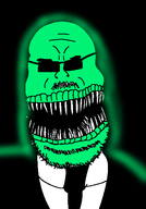 black_tie clothes glasses glowing green_skin hair mustache necktie open_mouth soyjak stubble suit suit_and_tie variant:nightmarejak // 379x542 // 86.1KB