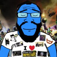 balding batman batman_(series) beard blue_skin calm cartoon closed_eyes closed_mouth clothes comic game glasses gotham_city gotham_city_imposters hair heart i_love joker_(dc) smile soyjak subvariant:science_lover text tshirt variant:markiplier_soyjak video_game videogame // 800x800 // 598.8KB