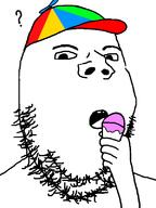 clothes curious eating food hand hat holding_object ice_cream propeller_hat question_mark soyjak stubble tongue variant:gapejak // 600x800 // 34.1KB