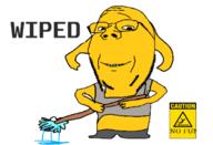 animal catalog clothes dog ear full_body glasses holding_object janny mop no_fun_allowed sign smile soyjak stubble subvariant:wholesome_soyjak text variant:gapejak water wet wipe yellow // 625x425 // 80.0KB