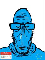 bloodshot_eyes blue_skin coswork16_(namefag) euromutt european_union glasses name_tag subvariant:euromutt thick_eyebrows variant:markiplier_soyjak // 594x797 // 80.3KB