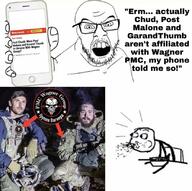 angry fact_check glasses holding_object holding_phone iphone mustache open_mouth phone russo_ukrainian_war soyjak stubble text variant:feraljak wagner_group // 828x823 // 115.7KB