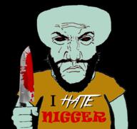 angry arm beard black_background black_sclera blood blue_skin bnran brown_shirt closed_mouth clothes holding_knife holding_object i_hate i_hate_niggers knife looking_at_you nigger no_glasses punisher_face red_eyes skodwarde soyjak spongebob_squarepants squidward subvariant:science_lover text variant:markiplier_soyjak yakub // 1017x964 // 268.2KB