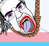 bloodshot_eyes clothes crying flag glasses hair hanging makeup mustache open_mouth rope soyjak stubble subvariant:patrick suicide thick_eyebrows tranny variant:chudjak // 768x719 // 284.1KB