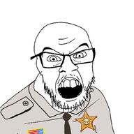 angry badge clothes country flag glasses mustache necktie open_mouth police sheriff soyjak star stubble united_states variant:feraljak // 1024x1024 // 78.6KB