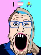 clothes glasses hair heart i_love jessie_gender lgbt makeup open_mouth soyjak star_trek stubble tranny variant:markiplier_soyjak white_skin yellow_hair // 600x800 // 52.6KB