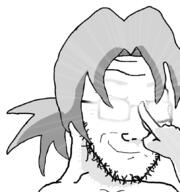 adjusting_glasses anime artist:hellcat closed_mouth glasses glowing_glasses grey_hair hair hair_intakes naruto_(series) ponytail smile smug soyjak stubble variant:soyak yakushi_kabuto // 807x863 // 206.3KB