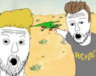 2soyjaks ac_dc animal animal_abuse beavis_and_butthead blood brown_hair cartoon clothes dead desert frog glasses grass hair mustache open_mouth sky soyjak stubble tshirt variant:two_pointing_soyjaks yellow_hair // 750x593 // 60.1KB