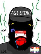 :3 ascence_(user) big_lips bug clothes discord_logo_facial_mark distorted drool esl esl_agugu_pedo flag flag:quebec_pride fly fnf_pedo hat heart hello_my_name_is_(sticker) jean-pierre_tremblay♥️_(hallucination) meta:hallucinated_it_again meta:namefags red_lips stink_lines stinky stubble sweaty text vantablack_skin yellow_sclera // 600x800 // 68.1KB