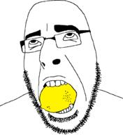 food fruit glasses lemon looking_up object_in_mouth open_mouth soyjak stubble variant:cobson vine will_sasso // 936x1024 // 75.7KB