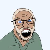 angry beard blond blue_eyes clothes glasses green_shirt hide_the_pain_harold internet_historian looking_at_you open_mouth soyjak stubble transparent_background variant:feraljak white_skin youtuber // 1500x1500 // 88.7KB