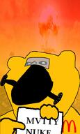 amerimutt brown_skin clothes hand hazmat_suit mcdonalds mutt sign subvariant:impish_amerimutt text truth_nuke trvthnvke variant:impish_soyak_ears // 598x1000 // 280.5KB