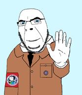 blue_eyes emblem:soyjak_party glasses hand nose nothing_is_beyond_our_reach open_eyes smile soyjak stubble uniform variant:cobson white_skin // 720x830 // 50.3KB