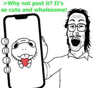 collar collared_shirt excited gape glasses greentext hair holding_heart holding_phone long_hair mullet mustache nose_piercing nose_ring phone raised_eyebrows showing_phone showing_something subvariant:mulletjak_phone variant:mulletjak variant:uglyfuckingthing wholesome // 1352x1278 // 38.1KB
