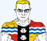 arm aryan bedfordshire blue_eyes british buff clam closed_mouth clothes ear flag flag:bedfordshire glasses hair river soyjak subvariant:chudjak_front subvariant:muscular_chud tshirt united_kingdom variant:chudjak vein yellow_hair // 1059x929 // 92.6KB