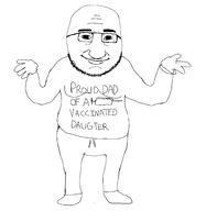 emasculated father full_body hand hands_up shirt_with_words shrugging vaccine variant:vaxdad writing_on_shirt // 1938x1986 // 112.2KB