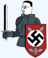 arm armor big_lips chud classical_art_parody closed_mouth facing_away glasses grin hair half_body hand holding_object holding_sword knight nazism shading shield side_profile smile swastika sword thick_eyebrows transparent_background variant:chudjak // 612x741 // 20.0KB
