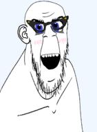 blue_eyes blush ear eyelashes glasses hair looking_at_you mustache open_mouth soyjak stubble teeth variant:feraljak variant:soytan wrinkles // 895x1217 // 234.0KB
