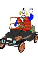 arm blond bowtie car closed_mouth clothes clown clown_car clown_nose clown_wig flannel glove half_body hand hat looking_at_you red_shirt steering_wheel subvariant:neutralplier transparent_background variant:markiplier_soyjak vehicle wave wheel
