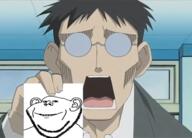 anime azumanga_daioh closed_mouth ear glasses hair hand holding_object kimura open_mouth photo smile soyjak stubble variant:impish_soyak_ears // 646x463 // 275.5KB