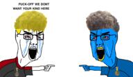 Fuck_off_we_dont_want_your_kind_here angry bloodshot_eyes blue_skin crying nate pointing text twitter variant:chudjak yellow_hair zoomer zoomer_hair // 2160x1254 // 918.1KB