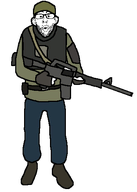 beanie beard belt blue_pants boots clothes ear full_body glasses green_shirt half-life half-life_2 holding_gun low_quality m16 open_mouth rebel rifle soyjak thick_eyebrows traced transparent_background valve variant:nojak vest // 370x520 // 10.7KB