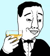 beer blue_background bowtie glass hair hand holding_object smile soyjak tuxedo variant:chudjak // 896x1000 // 96.6KB