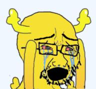 arm bloodshot_eyes cartoon crying glasses horn leftypol open_mouth penny_fitzgerald pennyposter soyjak stubble the_amazing_world_of_gumball variant:cryboy_soyjak yellow_skin // 632x586 // 212.0KB