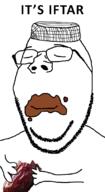 arm closed_eyes closed_mouth date eating food glasses hand holding_object its_over ketchup ramadan smile soyjak stubble subvariant:wholesome_soyjak taqiyah text variant:gapejak // 600x1100 // 123.2KB