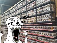 arm eyes_popping funko_pop glasses hand hands_up irl_background open_mouth soyjak stubble subvariant:waow text tongue toy variant:soyak waow // 1200x900 // 1.5MB