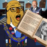 animal beard black_lives_matter book clothes dog ear freemason glasses israel janny joe_biden judaism lgbt maga mustache necktie open_mouth pentagram raised_fist_(symbol) satanism soyjak suit text tranny variant:esam2 yellow_skin // 1024x1022 // 1.5MB