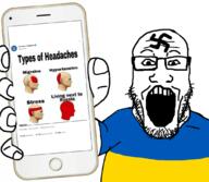 arm clothes facial_mark flag forehead_mark glasses hand holding_object holding_phone iphone nazism open_mouth phone russo_ukrainian_war soyjak stubble subvariant:phoneplier subvariant:phoneplier_vertical swastika tshirt twitter ukraine variant:markiplier_soyjak // 1080x942 // 413.1KB