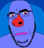 alien blue_background cartoon closed_mouth etno frown glasses large_nose lips looking_at_you purple_skin red_eyes red_nose soyjak space_goofs stubble variant:cobson // 775x849 // 46.4KB