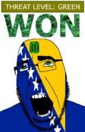 ahegao bosnia country emerald flag flag:bosnia_and_herzegovina gem glasses green green_eyes hair looking_up open_mouth schlog_color_event soyjak soyjak_blog star_(symbol) stubble teeth text threat_level_green variant:cobson won // 721x1115 // 171.8KB