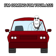 animated biting_lip black_sclera black_text car character:rapeson driving ext=gif glasses glowing_eyes ominous rape red_car red_eyes smile stubble subvariant:hornyson text variant:cobson white_background white_text // 400x400 // 139.1KB