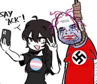 ack beard bloodshot_eyes chud chudcel clittycel glasses hair hanging nazism peace_sign phone pink_hair red_eyes rope selfie sisa spit suicide tranny transgender_flag troon valid variant:bernd // 1213x1057 // 111.3KB