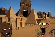 3soyjaks arm black_skin egypt eyes_popping glasses hand hands_up irl_background nubia open_mouth pyramid soyjak stubble subvariant:waow tongue variant:markiplier_soyjak variant:soyak // 1000x668 // 811.8KB