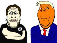 2soyjaks angry are_you_soying_what_im_soying arm beard black_shirt blue_shirt brown_skin closed_mouth clothes donald_trump elon_musk full_body glasses hair looking_to_the_left looking_to_the_right meta:tagme orange_skin variant:gapejak variant:markiplier_soyjak xitter yellow_hair // 1493x1138 // 106.8KB