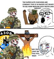 ak-47 azov_battalion black_eyes blood brown_skin burning clenched_teeth crucifixion crying death evil evil_wojak fire flag goat islam russia russo_ukrainian_war soldier soyjak text ukraine variant:soyak variant:tony_soprano_soyjak war wojak // 900x978 // 173.6KB