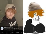 closed_mouth clothes ginger_hair green_eyes hat hoodie orange_hair soyjak_party text variant:chudjak // 2248x1685 // 2.9MB