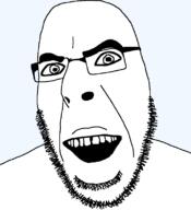 annoying_orange glasses looking_at_you open_mouth smile soyjak stubble teeth thick_eyebrows transparent_background variant:cobson variant:oranjak // 721x789 // 53.9KB